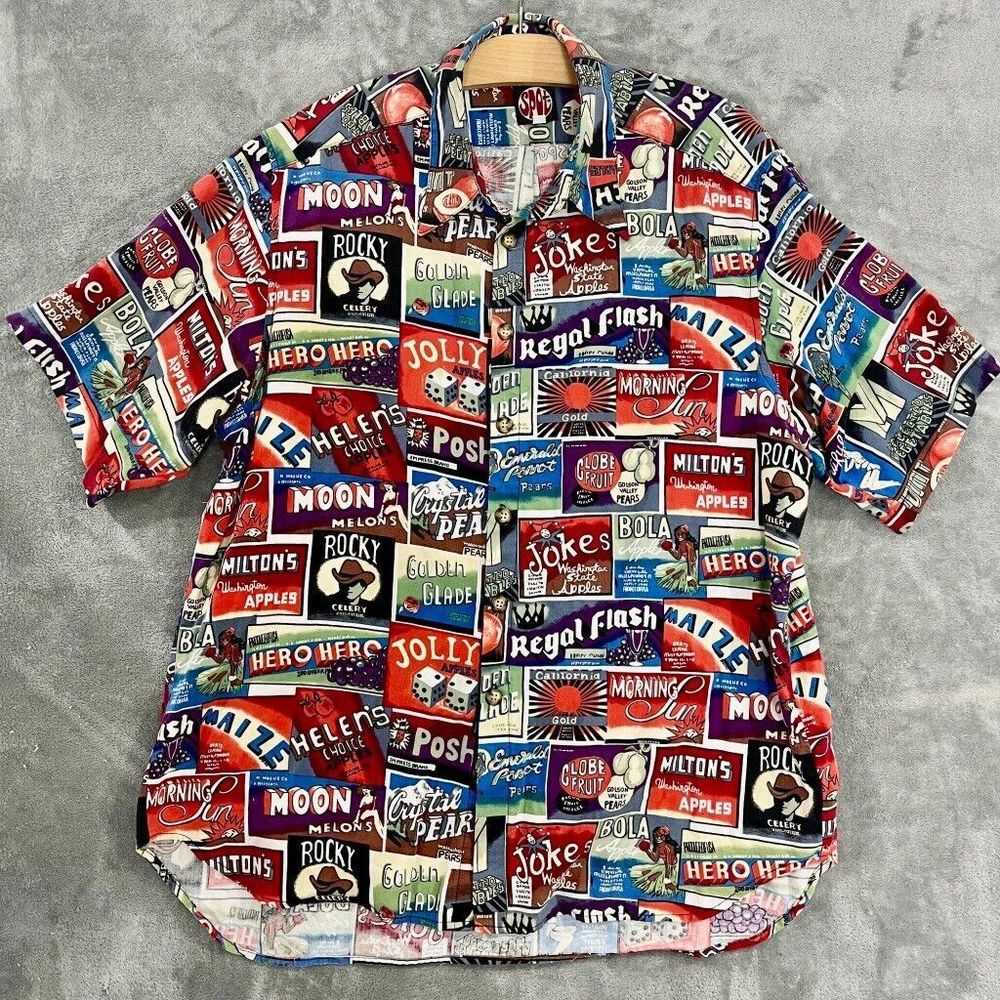 VTG Spot Shirt All Over Print Magazine Poster Western Hawaiian Joker 90s Size L
